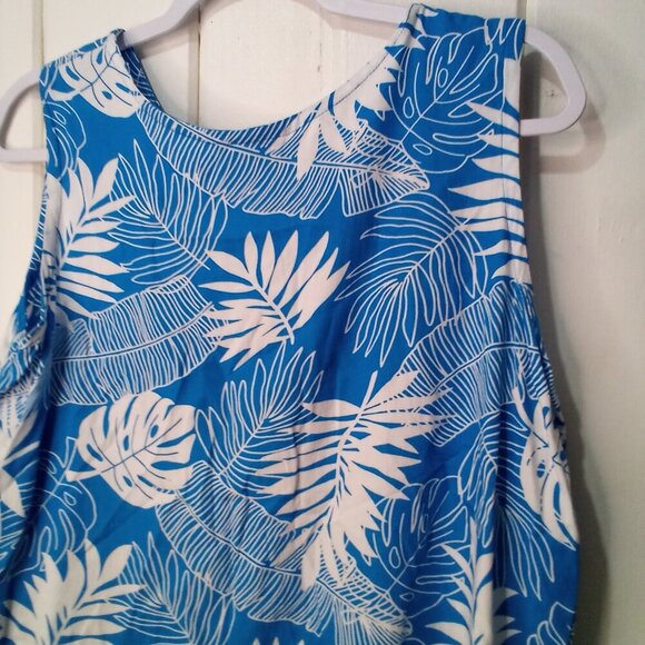 Makai Beach Hawaii Shirt Blouse Women L Sleeveless Tropical Leaves Blue White - Picture 16 of 16